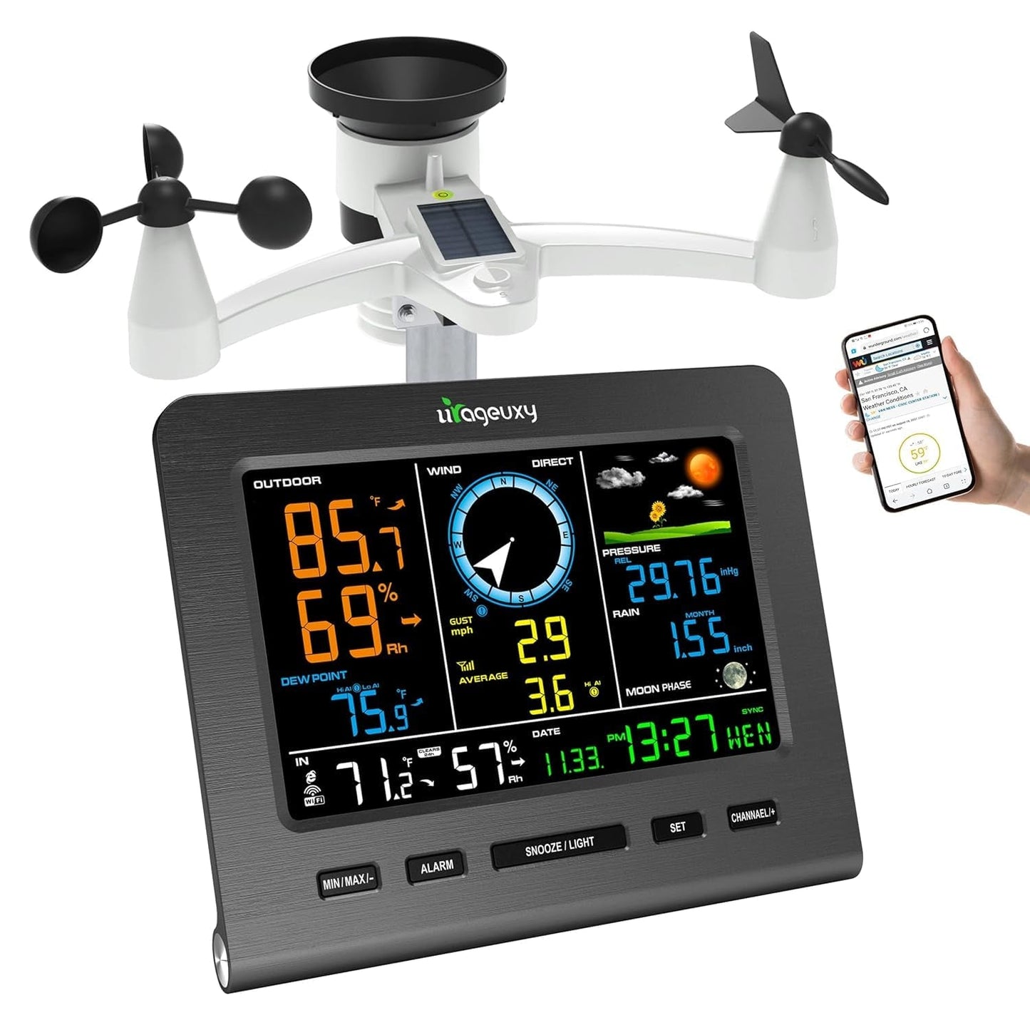 Wifi Weather Station, Wireless Indoor Outdoor Home Weather Stations with Rain Gauge, Wind Speed/Direction, Indoor/Outdoor Thermometer/Humidity, Moon Phrase, Alarm Clock, Barometric Pressure